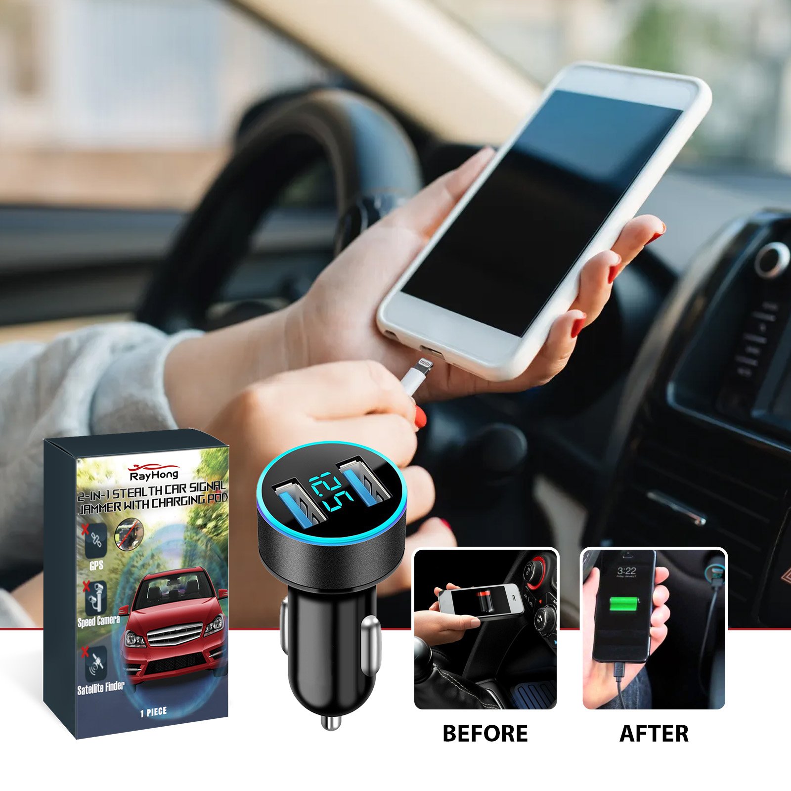 2-In-I Sterl Th Car Signal Jammer With Charging Pod, Car Dual USB Interface Mobile Phone Multi-Function Charger - Image 3