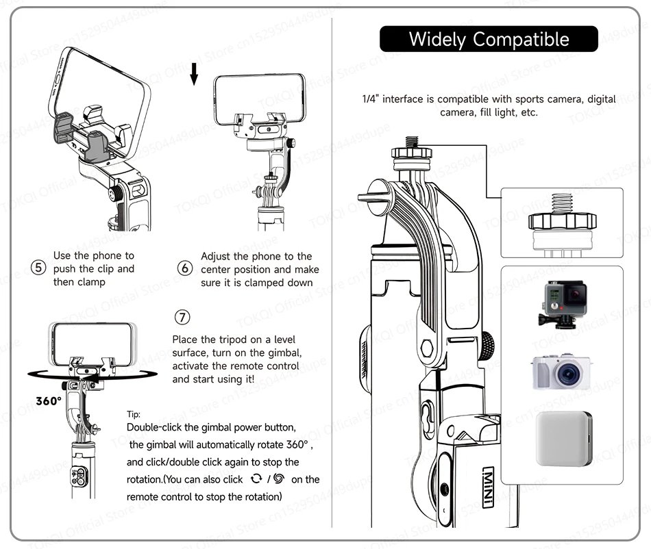 AI Face Tracking Handheld Gimbal Stabilizer 360° Rotation Shoot Selfie Stick Tripod for Mobile Phone, 1/4'' Screw for Camera