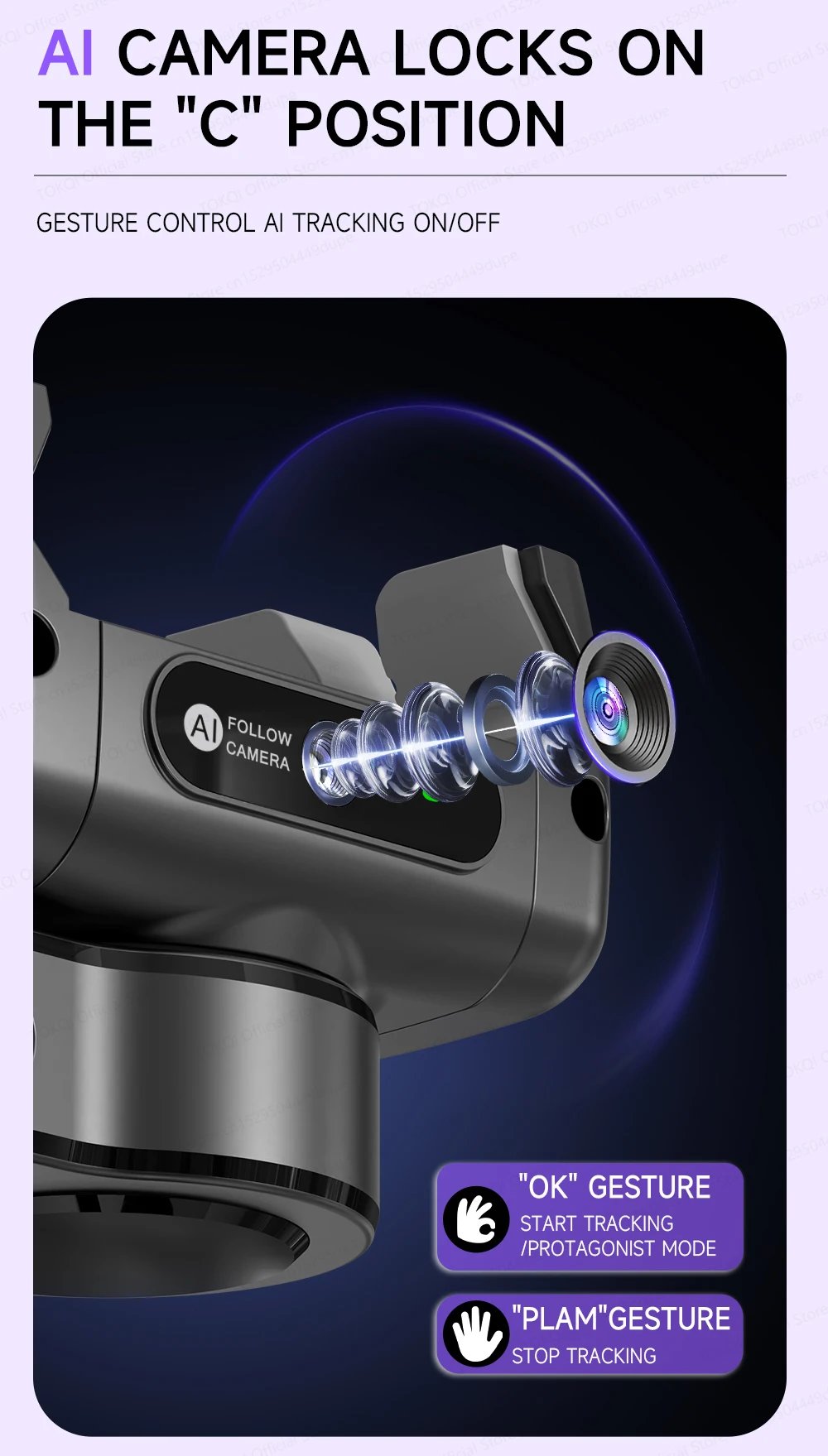 AI Face Tracking Handheld Gimbal Stabilizer 360° Rotation Shoot Selfie Stick Tripod for Mobile Phone, 1/4'' Screw for Camera