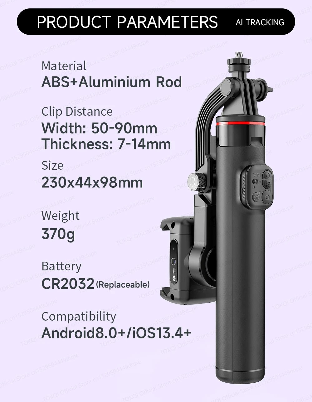 AI Face Tracking Handheld Gimbal Stabilizer 360° Rotation Shoot Selfie Stick Tripod for Mobile Phone, 1/4'' Screw for Camera