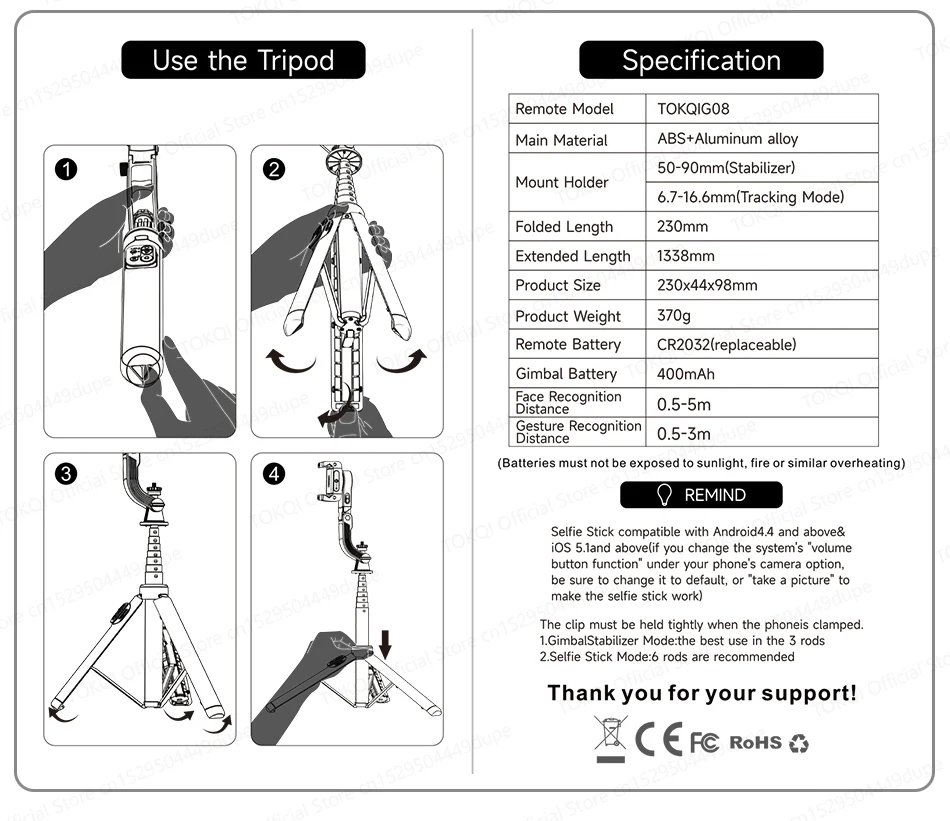 AI Face Tracking Handheld Gimbal Stabilizer 360° Rotation Shoot Selfie Stick Tripod for Mobile Phone, 1/4'' Screw for Camera