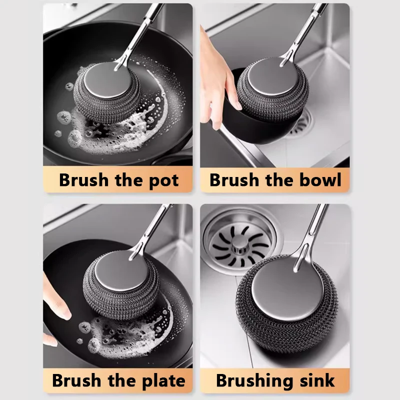 Stainless Steel Pot Brush Kitchen Special Pot Washing Steel Wool Ball Brush Long Handle Dish Cleaning Brush Pot Brush Magic Tool - Image 5