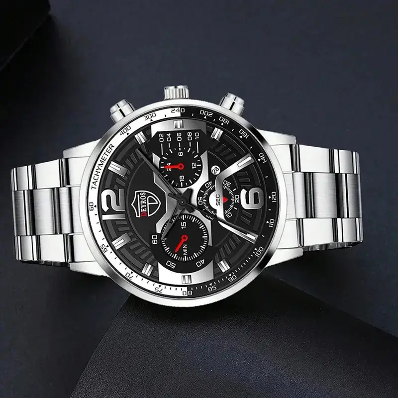 5PCS Set Fashion Mens Calendar Watches Men Business Stainless Steel Quartz Wristwatch Male Casual Necklace Bracelet Watch - Image 4