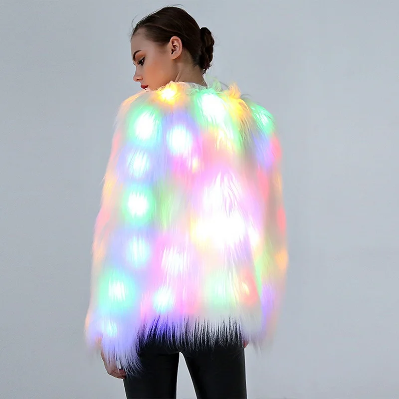 Women Faux Fur Coat Valentine Cosplay Costumes LED Multi-Color Warm Hoodie Vest Shiny LED Jacket Light Up Party Dance Overcoat - Image 3