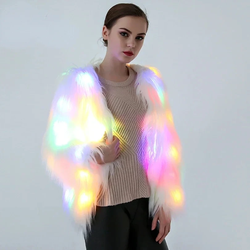 Women Faux Fur Coat Valentine Cosplay Costumes LED Multi-Color Warm Hoodie Vest Shiny LED Jacket Light Up Party Dance Overcoat - Image 9