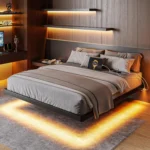 Full Size Floating Bed Frame with Charging Station and Led Lights, Metal Bed Frame with Heavy Duty Steel Slats Supports, No